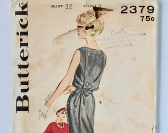 Vintage 1960s Womens Close-Fitting Shift/Cocktail Dress with Button Back Sewing Pattern Size 12 Bust 32 Butterick 2379