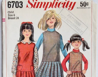 Girls Sewing Pattern Vintage 1960s Girls Pleated Skirt Mod Jumper Dress Sewing Pattern Size 6 Simplicity 6703