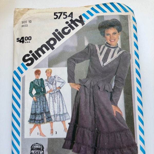 1980s Misses Gunne Sax/Jessica McClintock Ruffled Skirt, High-Neck Blouse, and Petticoat Sewing Pattern Size 12 Simplicity 5754