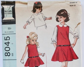 Vintage 1960s Girls Drop Waist Flared Skirt Belted Dress Sewing Pattern Size 8 McCall's 8045