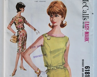 Shift Dress Pattern- Sewing Pattern 1960s Women's Wiggle Sheath Dress with Bow Belt Vintage Size 11 McCall's 6181 Bust 31.5