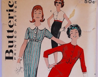 Empire Waist Shift Dress Pattern Vintage 1960s Women's Collared Button-Front 3/4 Sleeve Dress Sewing Pattern Size 12 Bust 32 Butterick 8860
