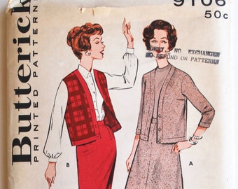 Sewing Pattern 1950s Women's Pencil/A-Line Skirt Suit, Vest and Jacket  Size 12 Butterick 9106 Bust 32