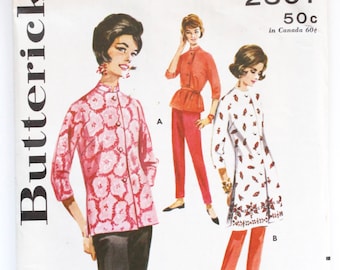 Vintage 1960s Women's Pants, Tunic, and Button Front Top Sewing Pattern Size 12 Bust 32 Butterick 2507