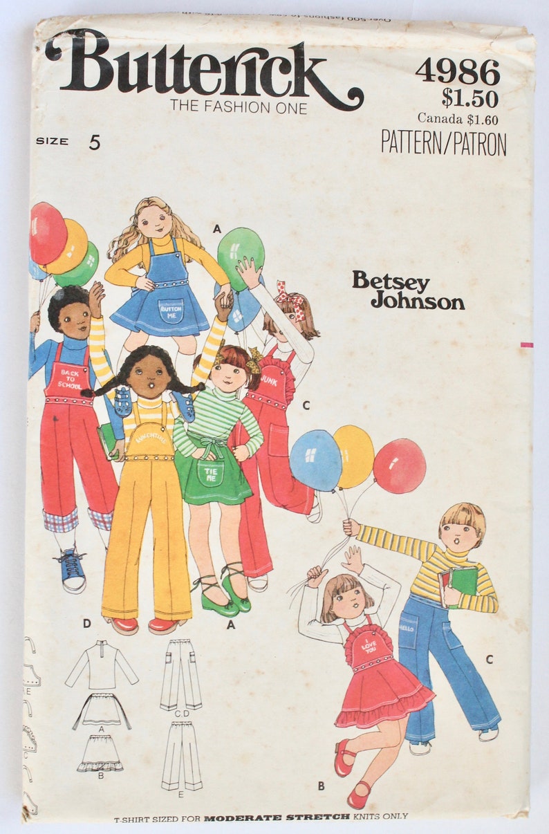 Vintage 1970s Betsey Johnson Girls Skirt Pants Bib Shirt Butterick 4986 Size 5 UNCUT image 1