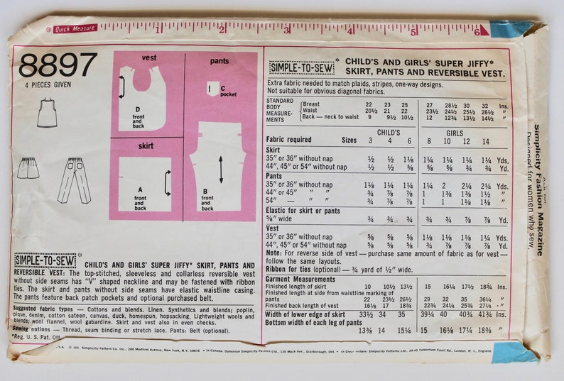 Vintage Sewing Pattern 1960s Childs/Girls Super Jiffy Pants, Vest, and Mini Skirt Size 8 Simplicity 8897 image 2