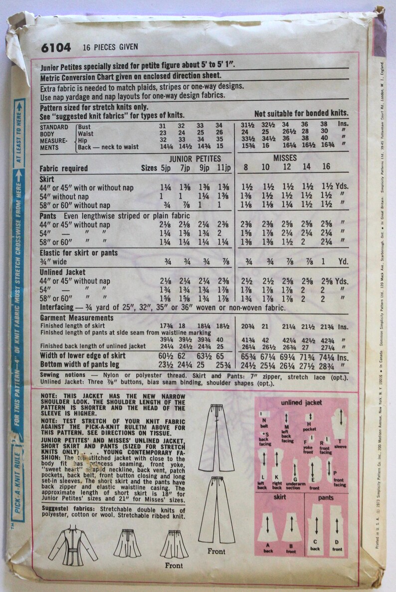 Vintage 1970s Womens Sweetheart Neckline Jacket and Skirt or Pants Sewing Pattern for Stretch Knits Size 14 Bust 36 Simplicity 6104 UNCUT image 2