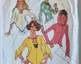 Vintage 1970s Women's Long Sleeved Knit Shirt with Hood and Boho Blouse Sewing Pattern Size 12 Bust 34 Simplicity 6656