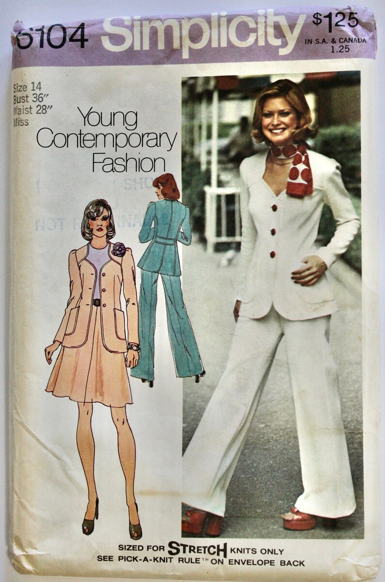 Vintage 1970s Womens Sweetheart Neckline Jacket and Skirt or Pants Sewing Pattern for Stretch Knits Size 14 Bust 36 Simplicity 6104 UNCUT image 1