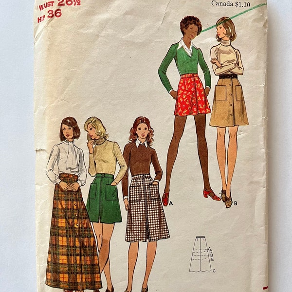 Vintage 1970s Button-Front or Kick-Pleat Patch Pocket A-Line Skirt in Multiple Lengths Sewing Pattern  - Waist 26.5 Hip 36- Butterick 6856