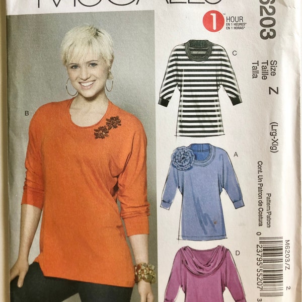 Womens Cowl Neck/Draped Neckline Dolman Sleeve Blouse or Tunic/Dress Sewing Pattern for Knits Sizes LG-XL McCall's M6203 - UNCUT