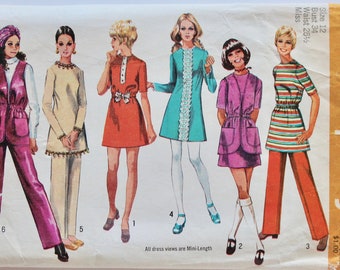 Vintage 1960s Separates- Women's Wide Leg Pants, Vest, and Jumper/Tunic Dress Sewing Pattern Size 12 Bust 34 Simplicity 9029