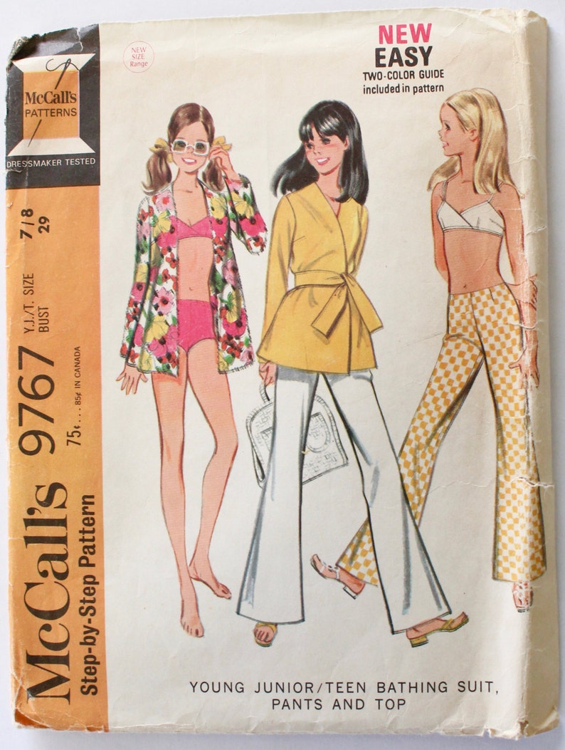 Vintage 1960s Women's Bikini Swimsuit/Beach Wrap and Pants Sewing Pattern Size 7/8 Teen Bust 29 McCall's 9767 