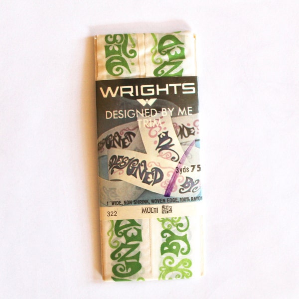 1960s/1970s Vintage Wrights Green "Designed By Me" Ribbon Trim- New Old Stock 3 Yards