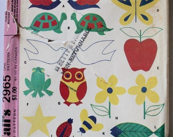 Embroidery Iron-On Transfers- Vintage 1960s/1970s Snail, Turtle, Owl, Dove, Mushroom- McCall's 2965