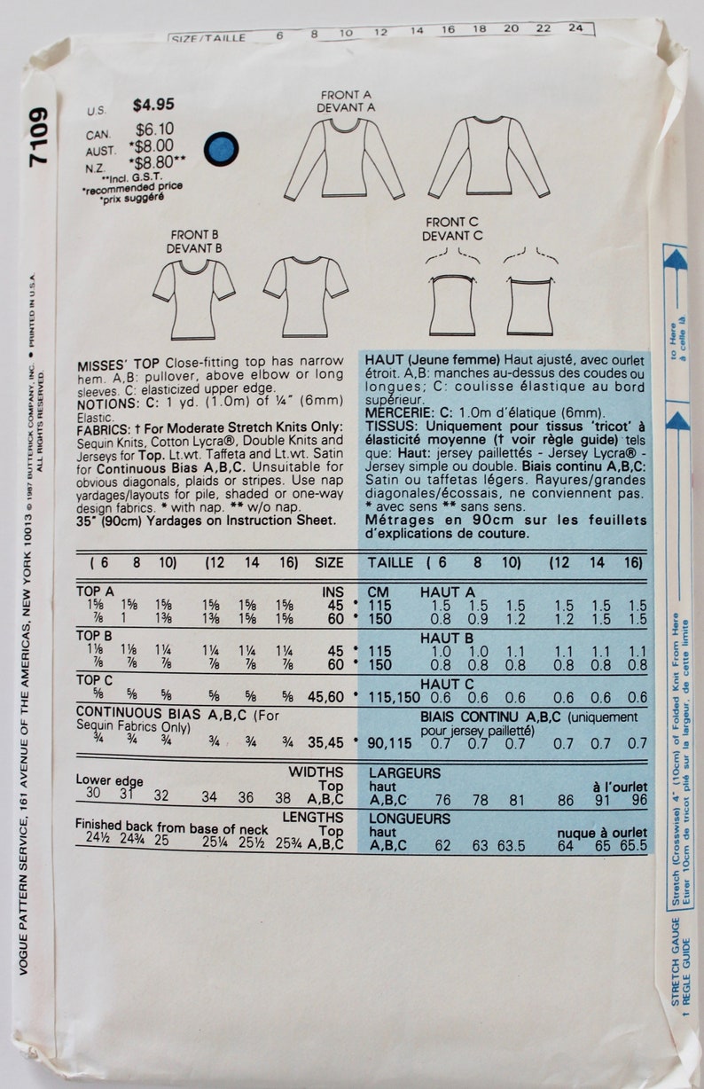 Vintage 1980s Long and Short Sleeved and Tube Top Sewing Pattern for Knits 12-14-16 Vogue 7109 UNCUT image 3