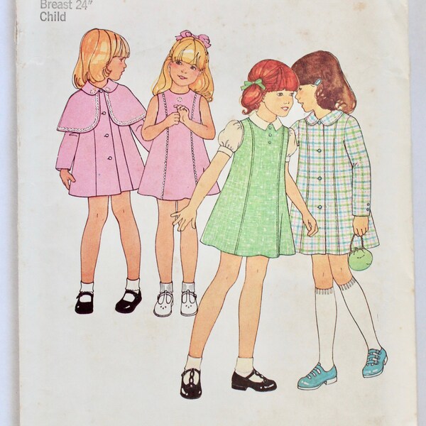 Vintage 1960s Girls Peter Pan Collar Dress and Coat with Caplet Sewing Pattern Size 5 Simplicity 7410