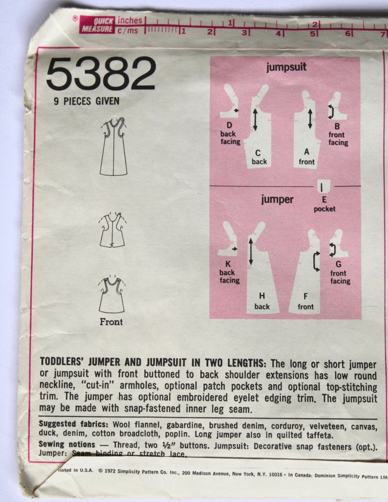 Childs Sewing Pattern Vintage 1970s Childs Overall/Jumper Sewing Pattern Size 4 Simplicity 5382 image 3