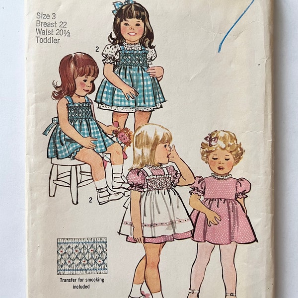 Vintage 1970s Toddler Girls Smocked Apron/Pinafore and Dress Sewing Pattern Size 3 Simplicity 6180 - UNCUT