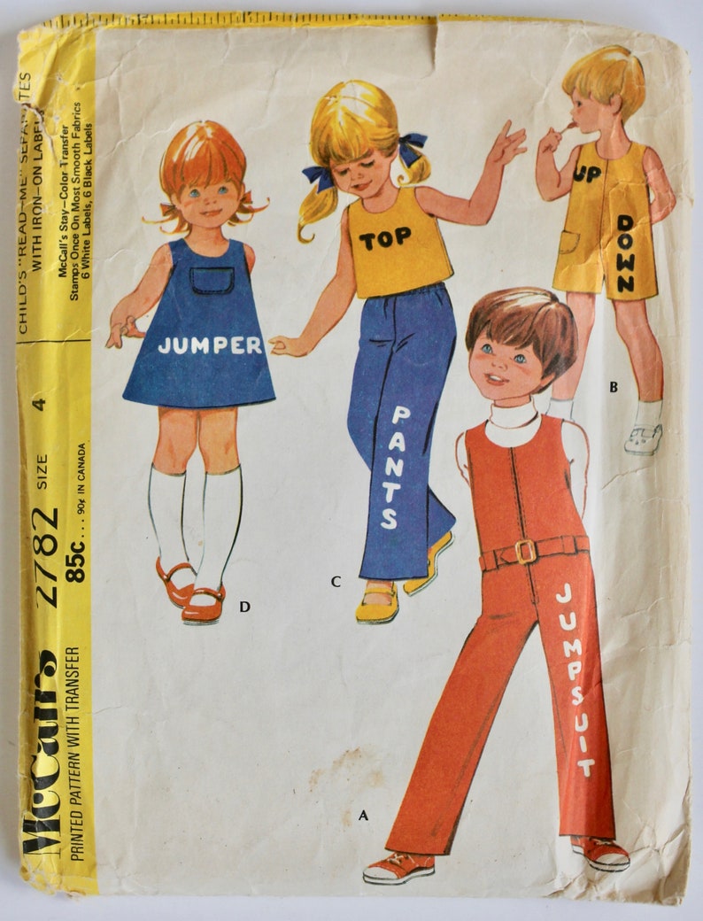 Vintage 1970s Childs Jumpsuit and Separates Sewing Pattern with Iron On Labels Size 4 McCall's 2782 image 1
