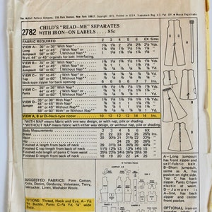 Vintage 1970s Childs Jumpsuit and Separates Sewing Pattern with Iron On Labels Size 4 McCall's 2782 image 3