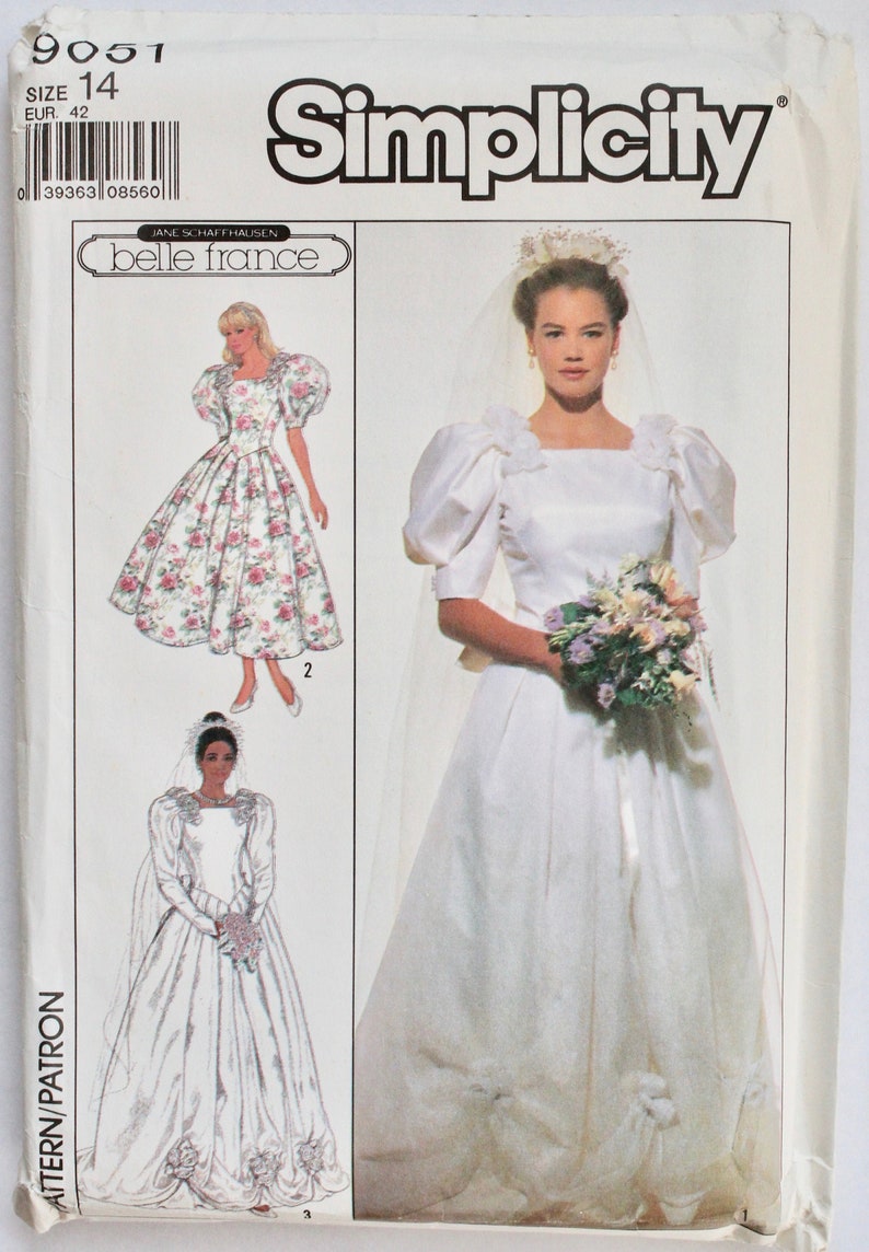 Vintage 1980s Women's Belle France Wedding/Bridal Dress with Puffy Sleeves Sewing Pattern Size 14 Simplicity 9051 UNCUT image 1