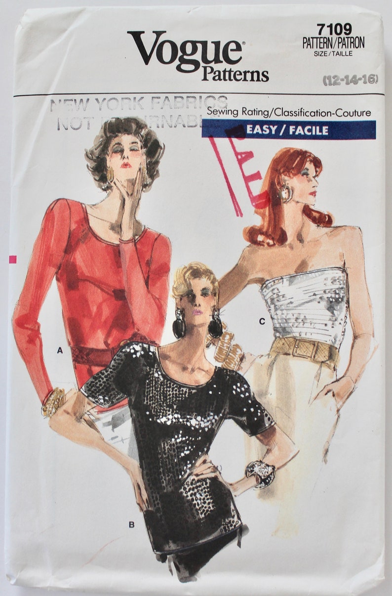 Vintage 1980s Long and Short Sleeved and Tube Top Sewing Pattern for Knits 12-14-16 Vogue 7109 UNCUT image 1