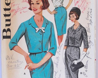 Vintage Sewing Pattern 1960s Women's Wiggle Dress with Bow and Jacket Size 16.5 Bust 37 Butterick 2176
