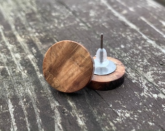 Oak Burl Wood Earrings, Small Round Wooden, Unisex, Titanium Studs, Handmade Natural Jewelry, Gift for her