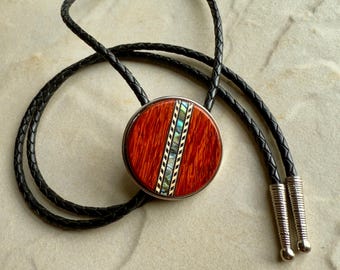 Handmade Padauk Wood Bolo Tie: Abalone Inlay, Western Leather, FSC Sustainable Woods