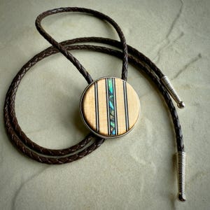 Handmade Spruce Bolo Tie: Abalone Inlay, Leather Cord with Silver Tips, FSC Sustainable Woods