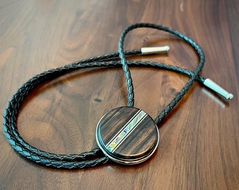 Handmade Macassar Ebony Bolo Tie: Abalone Inlay, Leather Cord, Responsible sourced Woods
