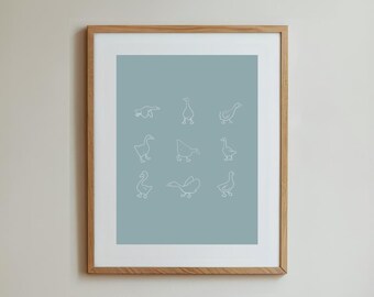 Alberne Gans Flock Digitaldruck | Kinderzimmer & Kinderzimmer Kunst | Minimalistisches Monochromes Poster | Grün Blau Zeichnung | Gänse Sketch