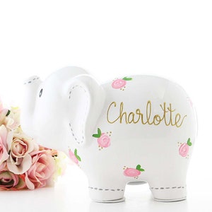 Personalized White Elephant Piggy Bank, Hand Painted Piggy Bank for Girls, Baby Shower Gift 1st Birthday Gift for Baby Girl, Baby Girl image 2