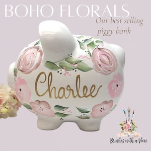 Personalized Piggy Bank for Girls ,Large Boho Painted Piggy Bank, Baby Girl Gift, Baby Girl Baby Shower Gift, 1st Birthday Gift Girls
