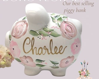 Personalized Piggy Bank for Girls ,Large Boho Painted Piggy Bank, Baby Girl Gift, Baby Girl Baby Shower Gift, 1st Birthday Gift Girls