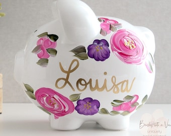 Personalized Piggy Bank for Girls, Pink and Purple Large Boho Painted Pink Floral Bank, Baby Girl Gift, Baby Girl Baby Shower Gift, Birthday