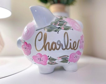 Adorable Hand Painted Personalized Piggy Bank for Girls - Customized & Cute Baby Shower Gift, Boho Pink Floral Piggy Bank, 1st Birthdays