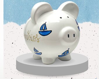 Personalized Sailboat Piggy Bank, Custom Piggy Bank with Navy Sailboats, Hand Painted Large Piggy Bank, Newborn Baby Boy Gift , Nautical