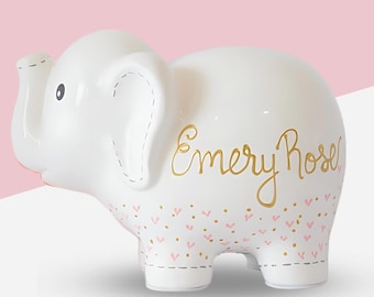 Personalized White Elephant Piggy Bank, Hand Painted Piggy Bank for Girls, Baby Shower Gift 1st Birthday Gift for Baby Girl, Baby Girl