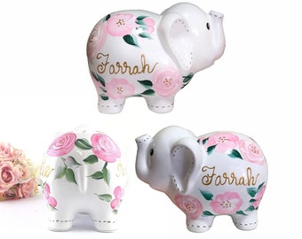 Hand Painted Elephant Piggy Bank with Pink Flowers, 1st Birthday Gift For Baby Girl Personalized Piggy Bank for Girls - Boho Decor - Nursery