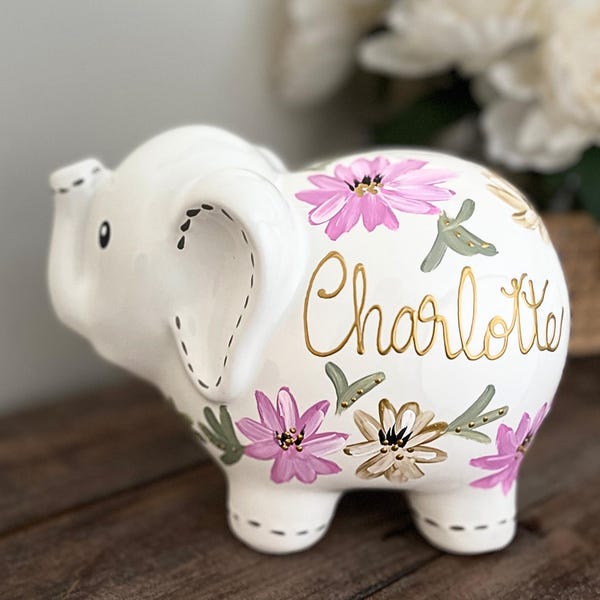 Hucha personalizada con forma de elefante - Diseño floral pintado a mano - Regalo para bebés y regalo de cumpleaños para niñas