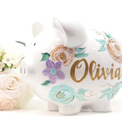 Hand Painted Baby Piggy Bank Personalized Birthday Gift for Etsy
