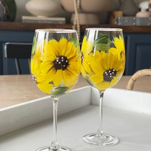 Hand Painted Yellow Sunflower Glasses Set of 2 12 Ounce Stemmed