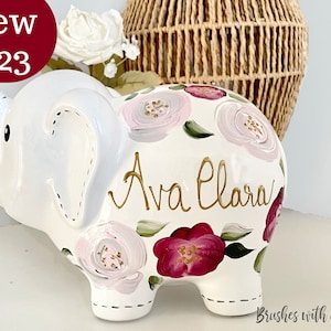 Boho Painted Elephant Piggy Bank, Baby Girl Gift, Personalized Piggy Bank for Girls, Baby Girl Baby Shower Gift, 1st Birthday Gift Girls