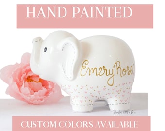 Personalized White Elephant Piggy Bank, Hand Painted Piggy Bank for Girls, Baby Shower Gift 1st Birthday Gift for Baby Girl, Baby Girl