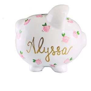 Piggy Bank for Girls Personalized Piggy Bank Girls Baby Girl Gift 1st Birthday Gift Large Hand Painted Piggy Bank Floral image 3