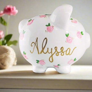 Piggy Bank for Girls - Personalized Piggy Bank Girls - Baby Girl Gift - 1st Birthday Gift - Large Hand Painted  Piggy Bank - Floral
