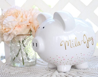 Hand Painted Personalized Piggy Bank for Girls, Custom Hand Painted Piggy Bank, Piggy Bank for Girls, Baby Shower Gift, Extra Large Bank