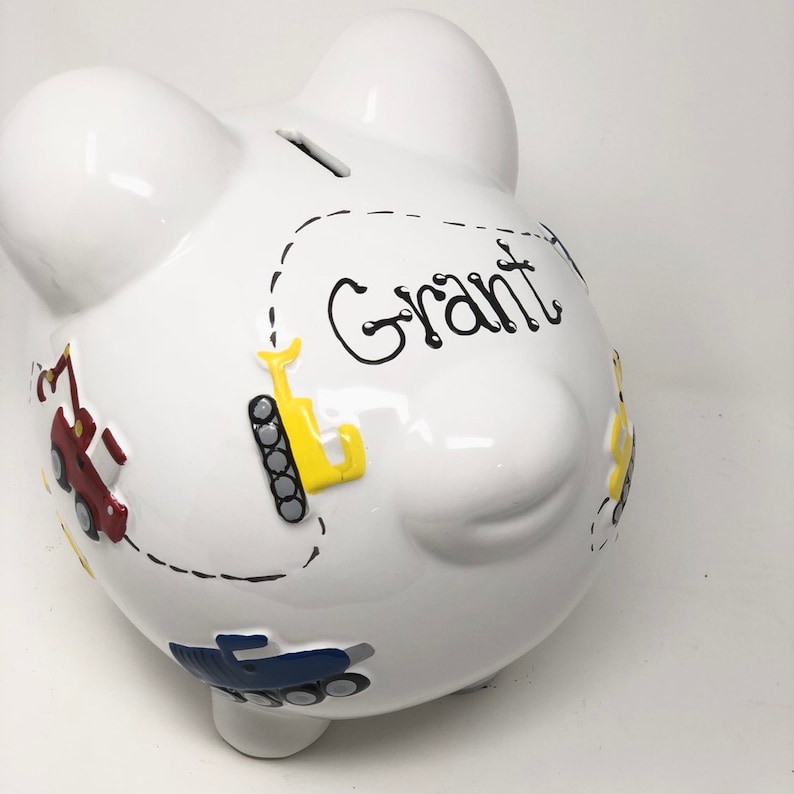 Personalized Construction Piggy Bank For Boys - 1st Birthday Gift for Baby Boy - Dump Truck and Construction Equipment Coin Bank - Baptism Bild 4